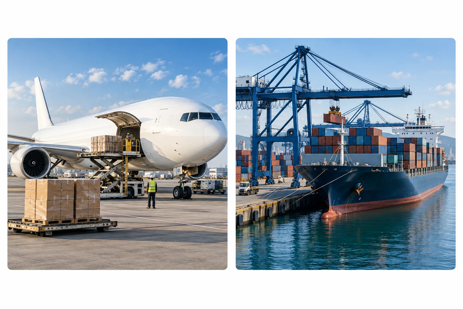 AI illustration comparing cargo loading at an airport with a container ship at a port
