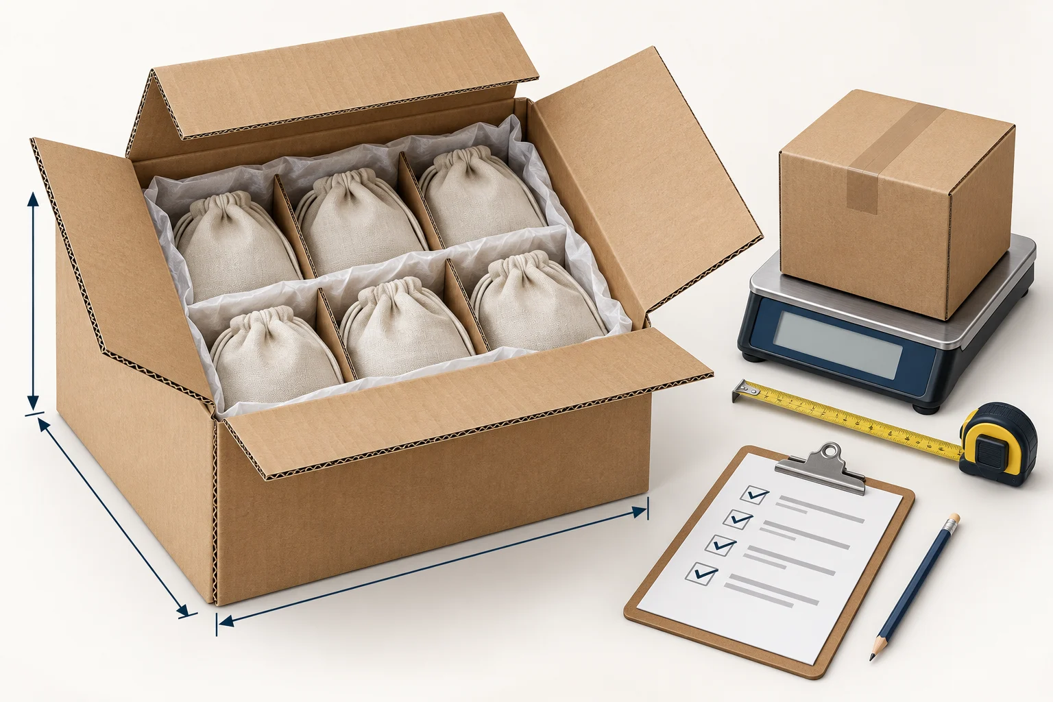 AI illustration of a cutaway protective carton beside a packed box on a scale, a tape measure and a packing checklist